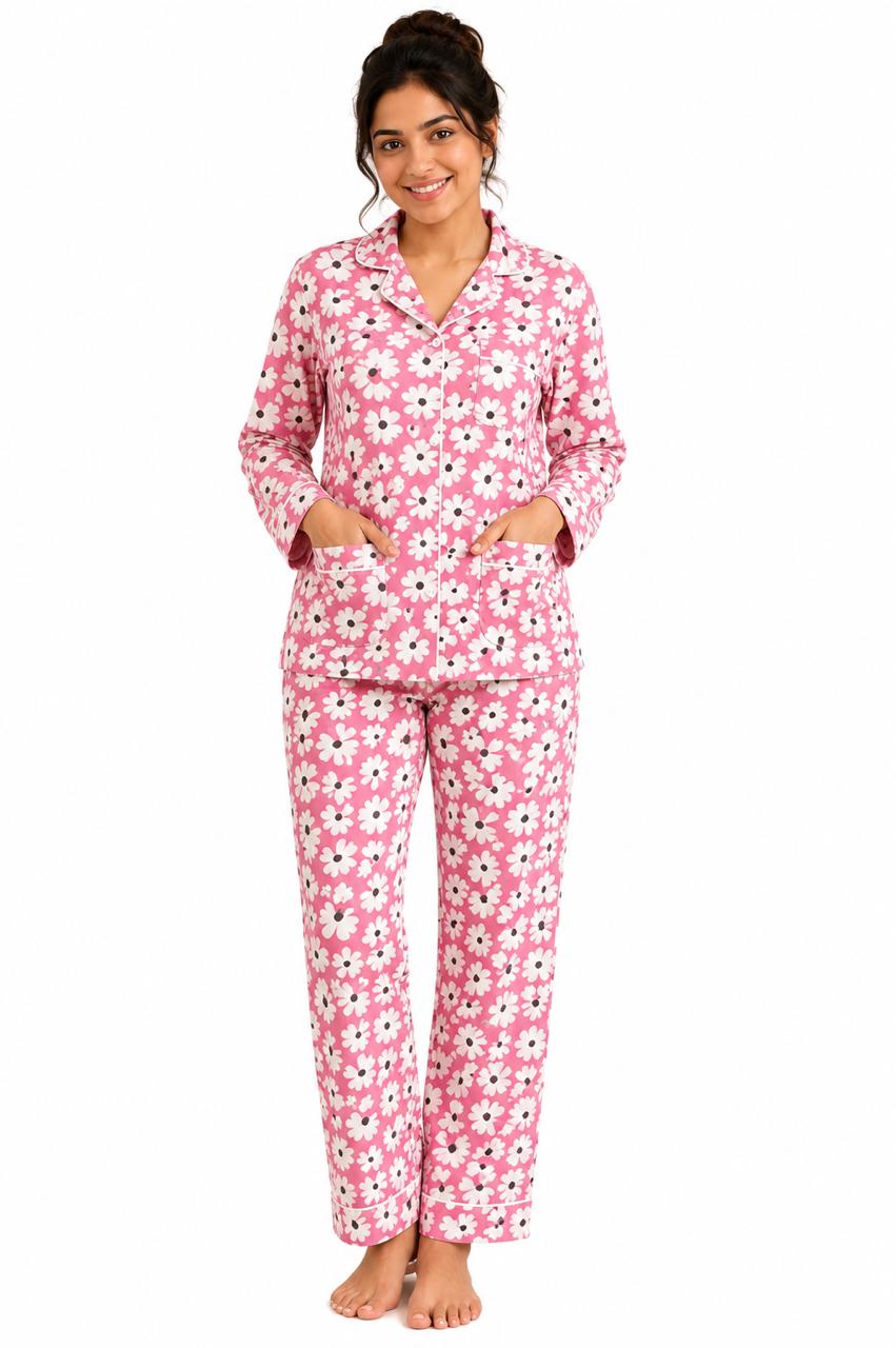 CLLING Women's Pure Cotton Full Sleeve Nightwear Set - Pink & White Floral Daisy Pyjama Co-ord