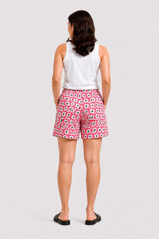 CLLING Women's Pure Cotton Floral Daisy Printed Boxer Shorts with Pockets - Pink