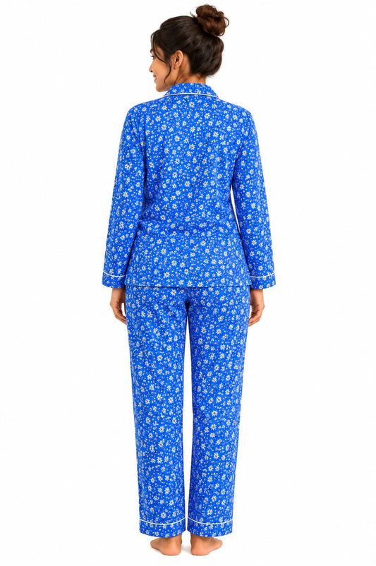 CLLING Women's Pure Cotton Full Sleeve Nightwear Set - Royal Blue Floral Pyjama Co-ord