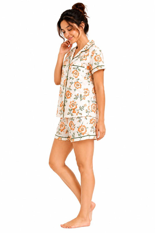 CLLING Women's Pure Cotton Floral Nightwear Set - Orange & Green Shirt with Shorts Co-ord