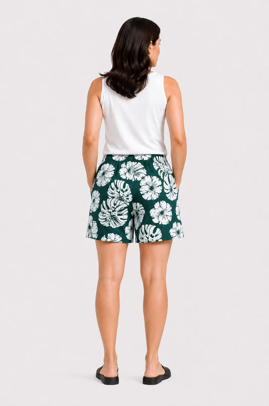 CLLING Women's Pure Cotton Tropical Floral Printed Boxer Shorts with Pockets - Dark Green
