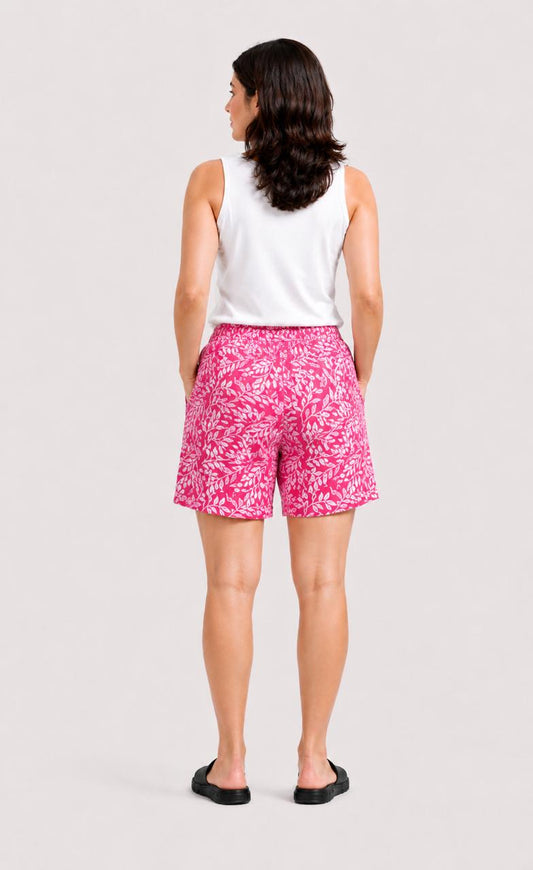 CLLING Women's Pure Cotton Botanical Leaf Printed Boxer Shorts with Pockets - Pink