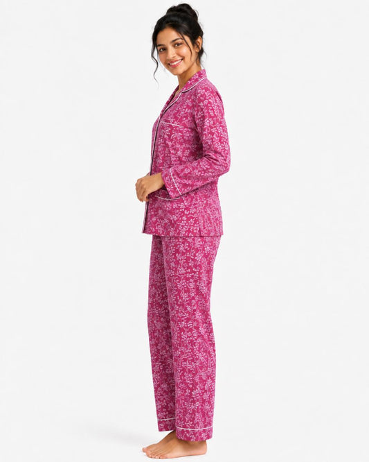 CLLING Women's Pure Cotton Full Sleeve Nightwear Set - Magenta Botanical Floral Pyjama Co-ord