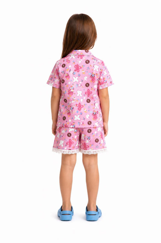 CLLING Girls Pure Cotton Printed Nightwear Set - Pink Bunny & Sweet Treats Shirt & Shorts Co-ord