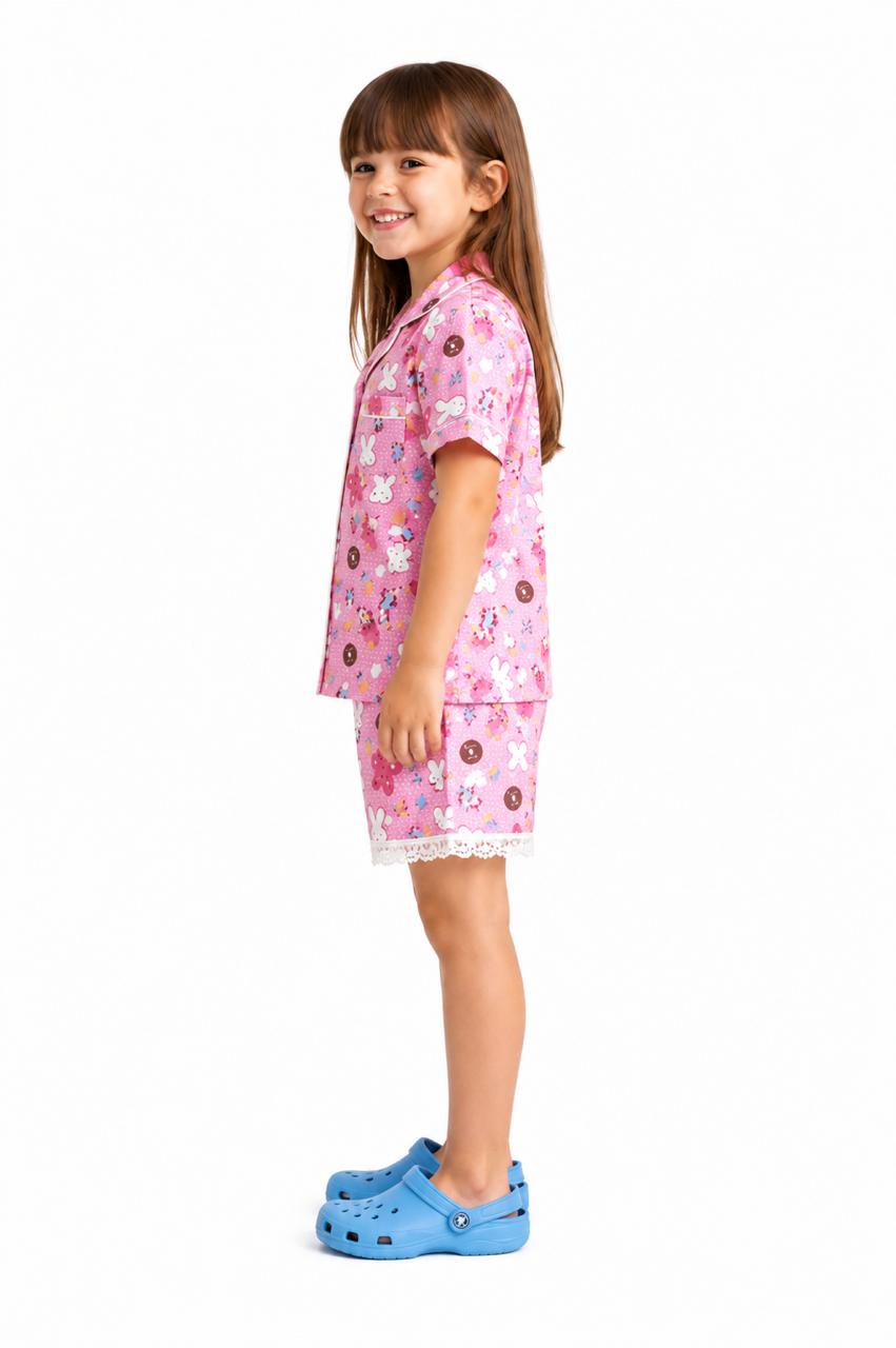 CLLING Girls Pure Cotton Printed Nightwear Set - Pink Bunny & Sweet Treats Shirt & Shorts Co-ord