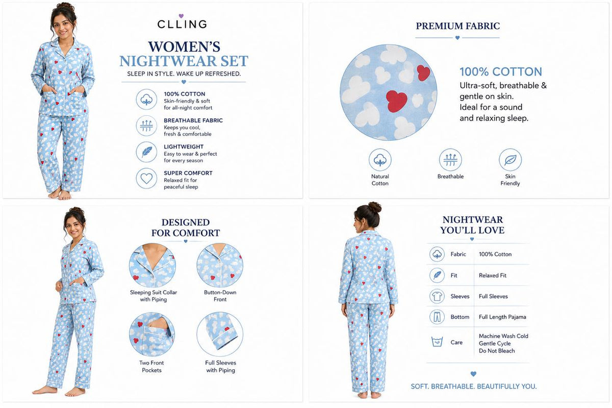 CLLING Women's Pure Cotton Full Sleeve Nightwear Set - Sky Blue Cloud & Heart Print Pyjama Co-ord