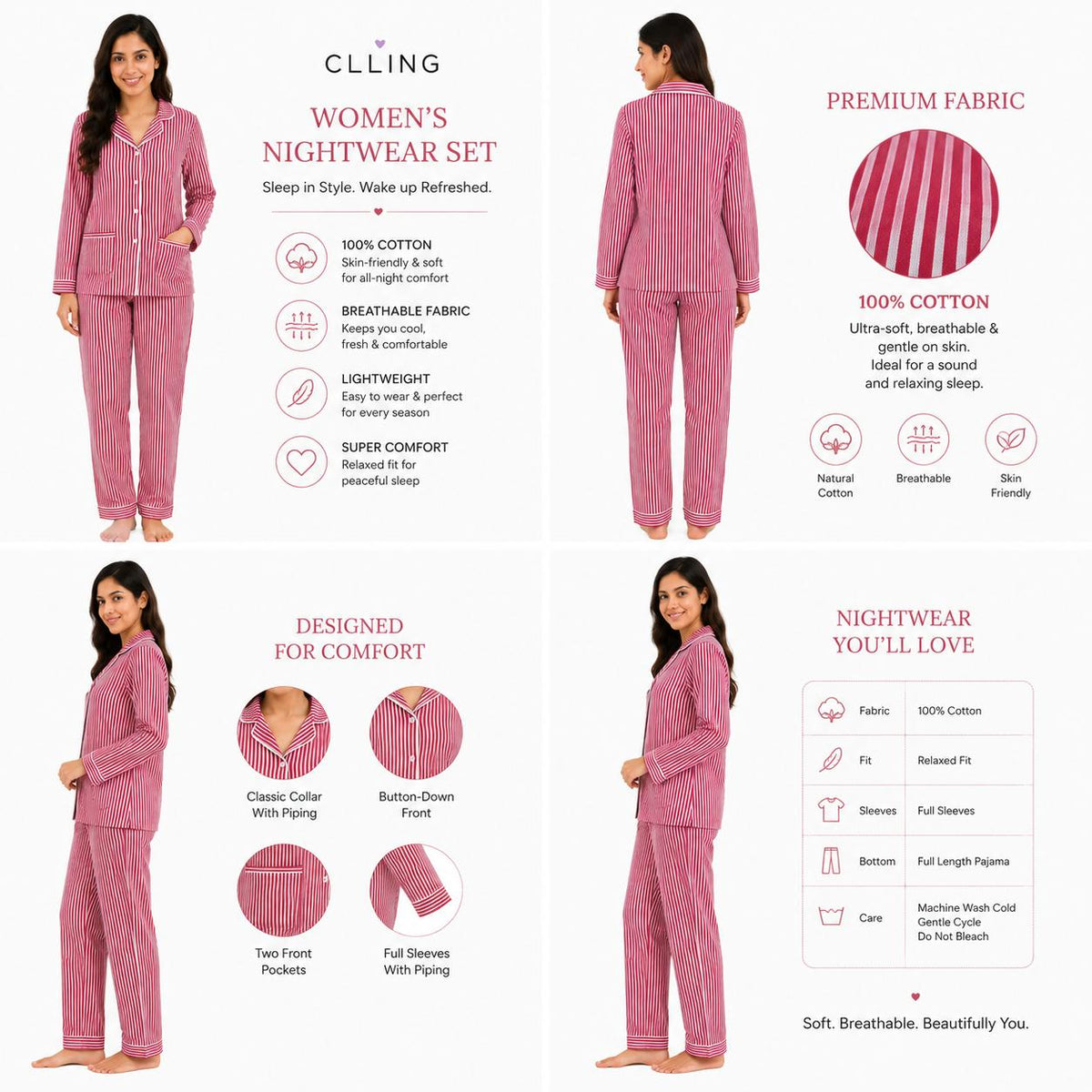 CLLING Women's Pure Cotton Full Sleeve Nightwear Set - Magenta & White Striped Pyjama Co-ord