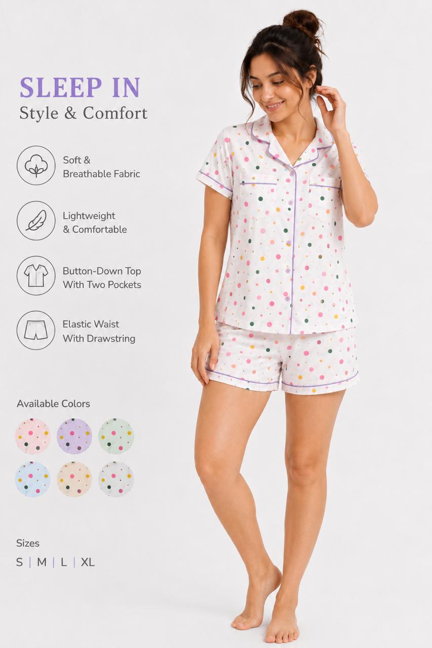 CLLING Women's Pure Cotton Polka Dot Nightwear Set - White & Multicolor Shirt with Shorts Co-ord