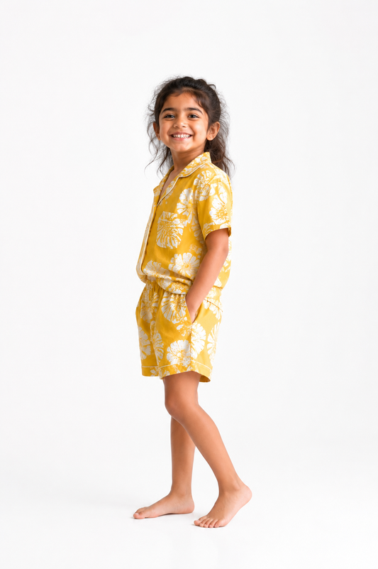 Kids Girl’s Yellow Floral Printed Cotton Co-ord Set