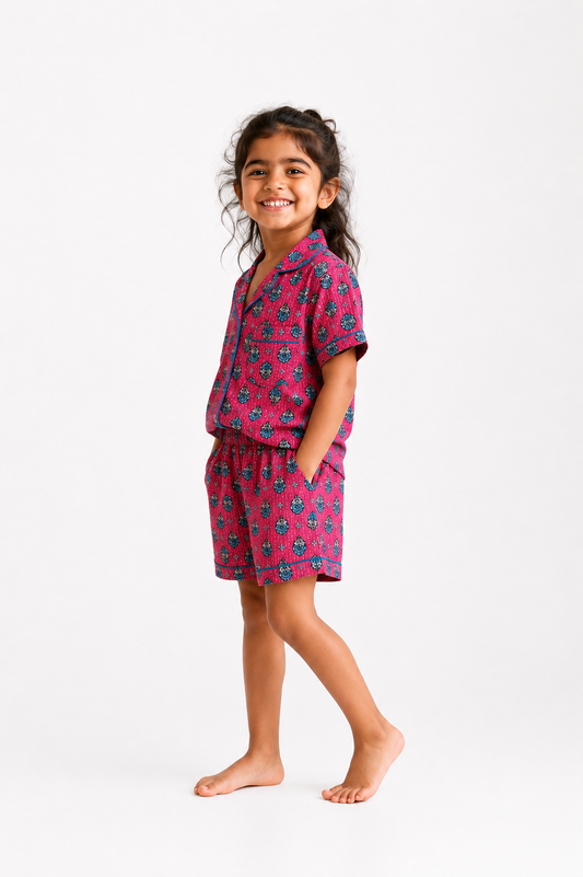 Kids Girl’s Pink Booti Printed Cotton Co-ord Set