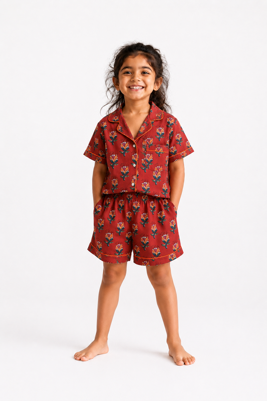 Kids Girl’s Red Floral Booti Cotton Co-ord Set
