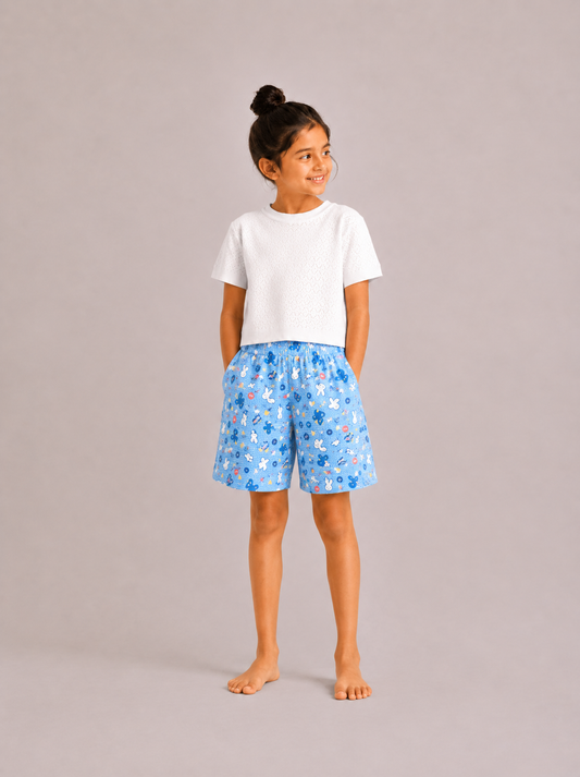 Kids Girl's Blue Printed Cotton Shorts