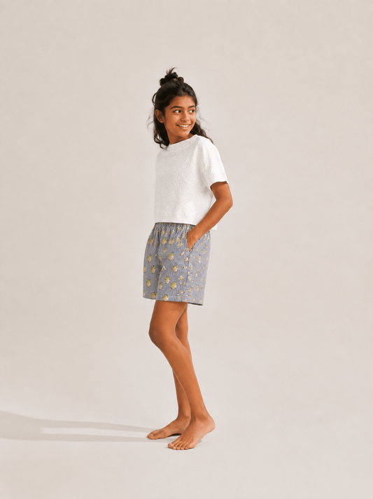 Kids Girl’s Lemon Stiped Printed Cotton Shorts