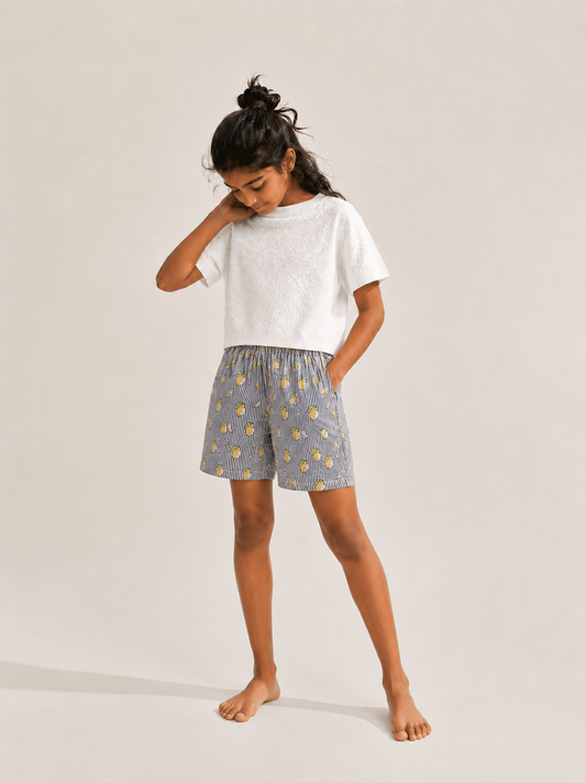 Kids Girl’s Lemon Stiped Printed Cotton Shorts