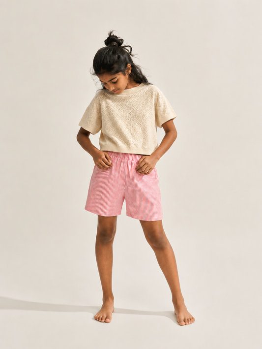Kids Girl’s Pink and White Printed Cotton Shorts