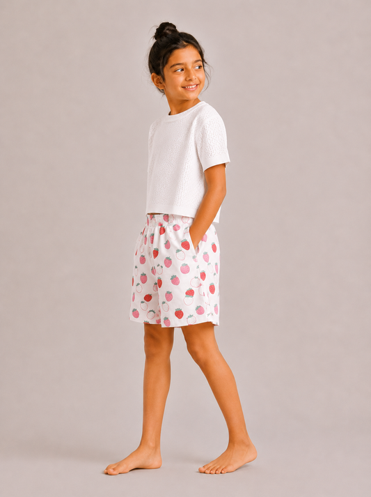 Kids Girl's White Printed Cotton Shorts