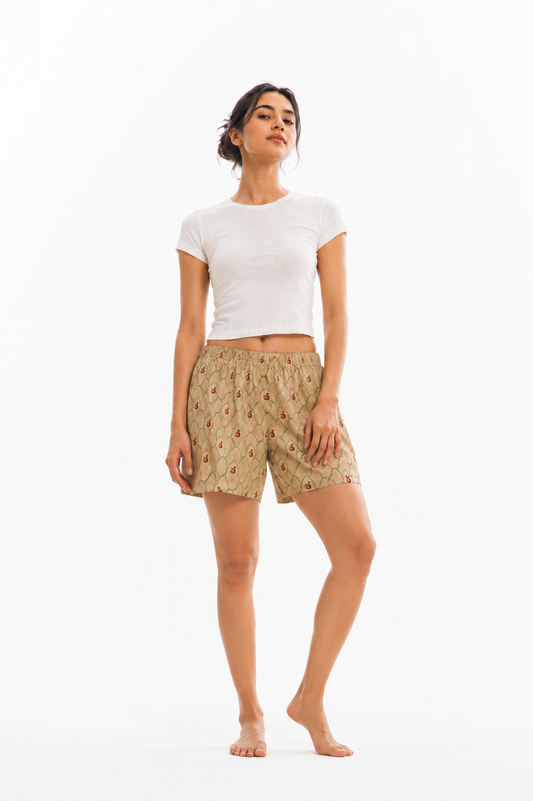 Women’s Cotton Beige Swan Jharokha Printed Boxer Shorts