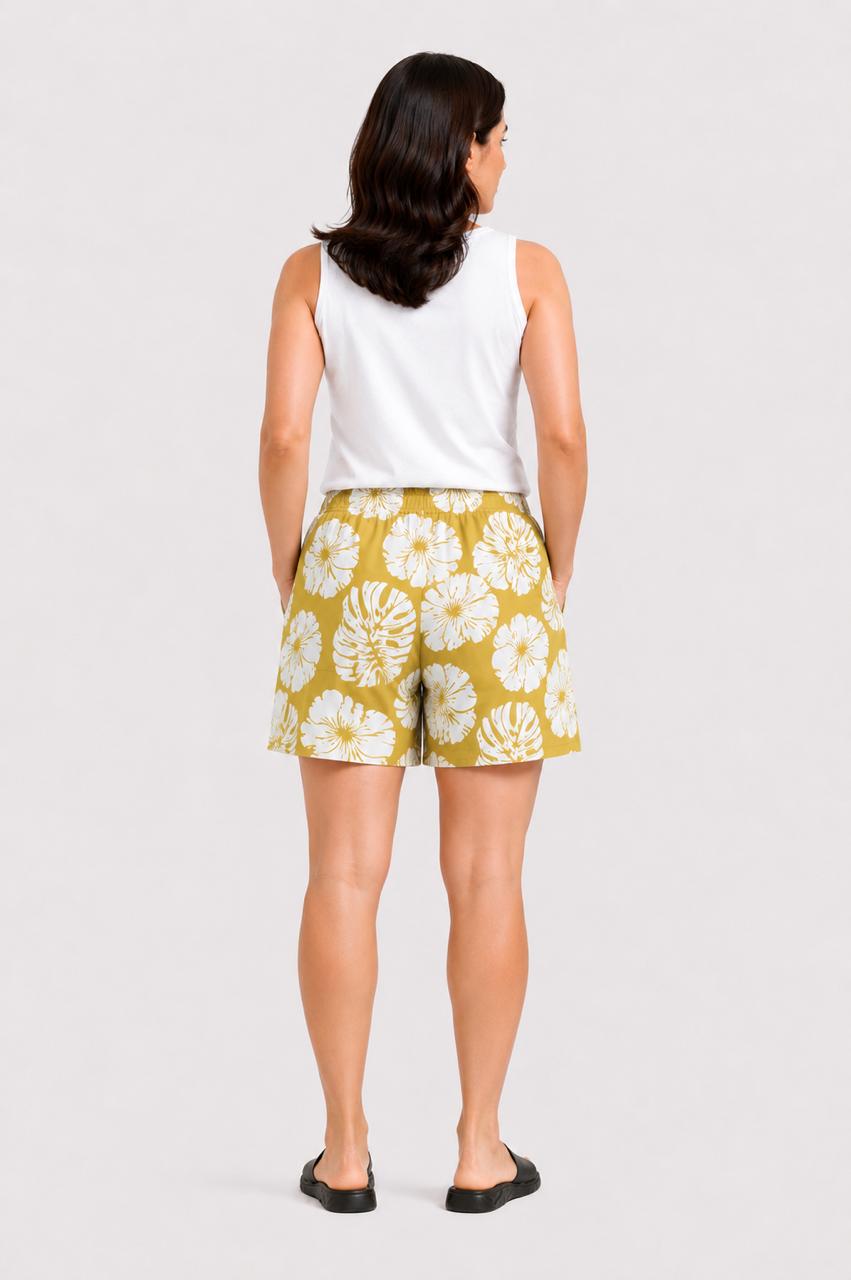 CLLING Women's Pure Cotton Tropical Floral Printed Boxer Shorts with Pockets - Mustard Yellow