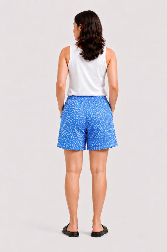 CLLING Women's Pure Cotton Ditsy Floral Printed Boxer Shorts with Pockets - Royal Blue