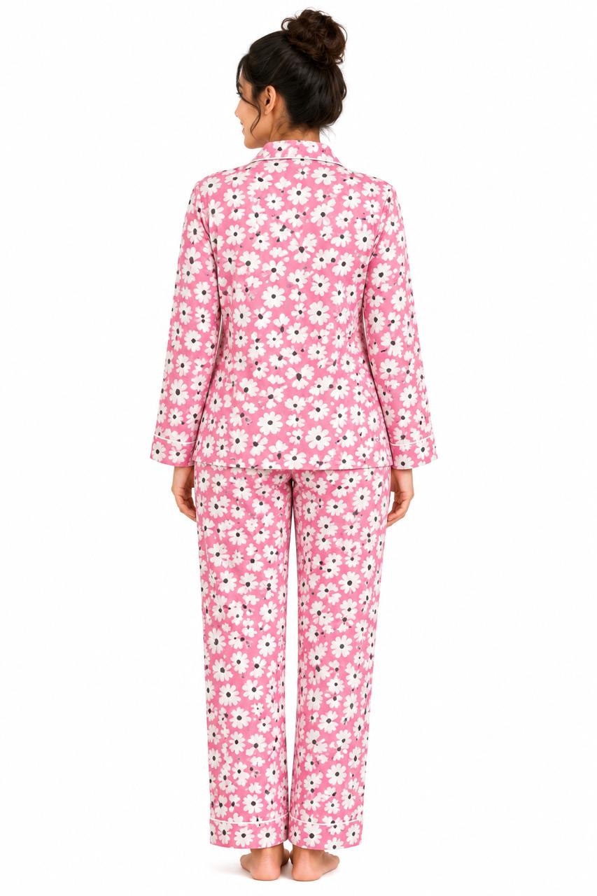 CLLING Women's Pure Cotton Full Sleeve Nightwear Set - Pink & White Floral Daisy Pyjama Co-ord