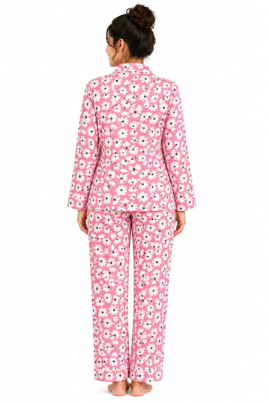 CLLING Women's Pure Cotton Full Sleeve Nightwear Set - Pink & White Floral Daisy Pyjama Co-ord