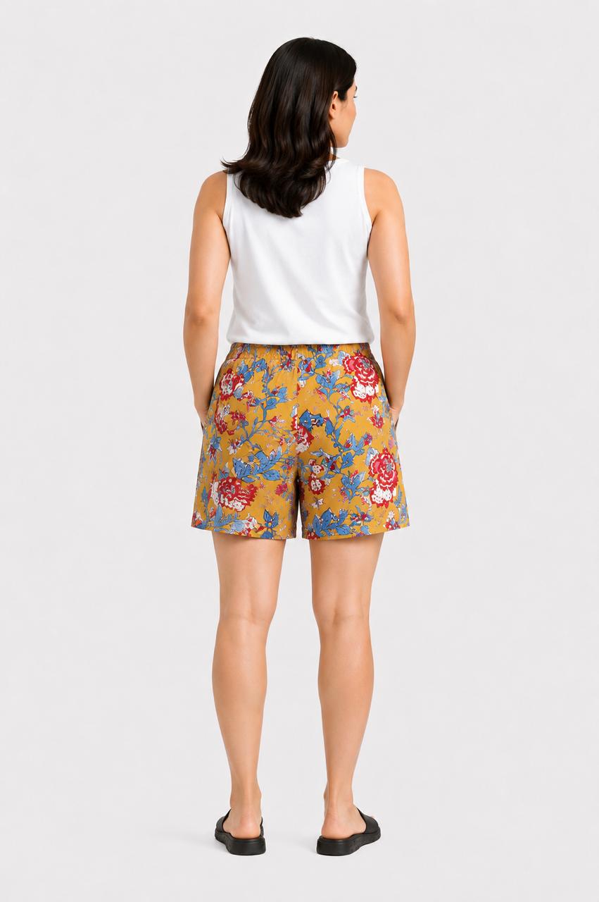 CLLING Women's Pure Cotton Multicolor Floral Printed Boxer Shorts with Pockets - Yellow