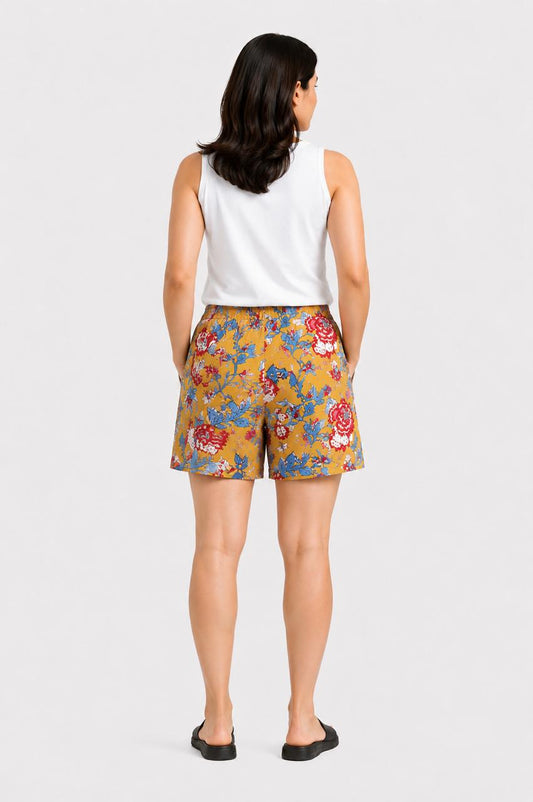 CLLING Women's Pure Cotton Multicolor Floral Printed Boxer Shorts with Pockets - Yellow