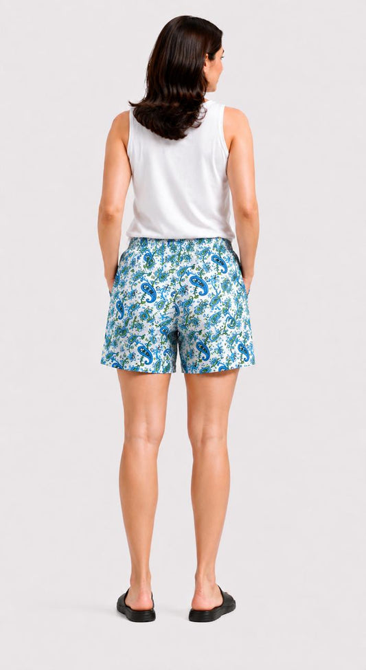 CLLING Women's Pure Cotton Blue Paisley Printed Boxer Shorts with Pockets - White
