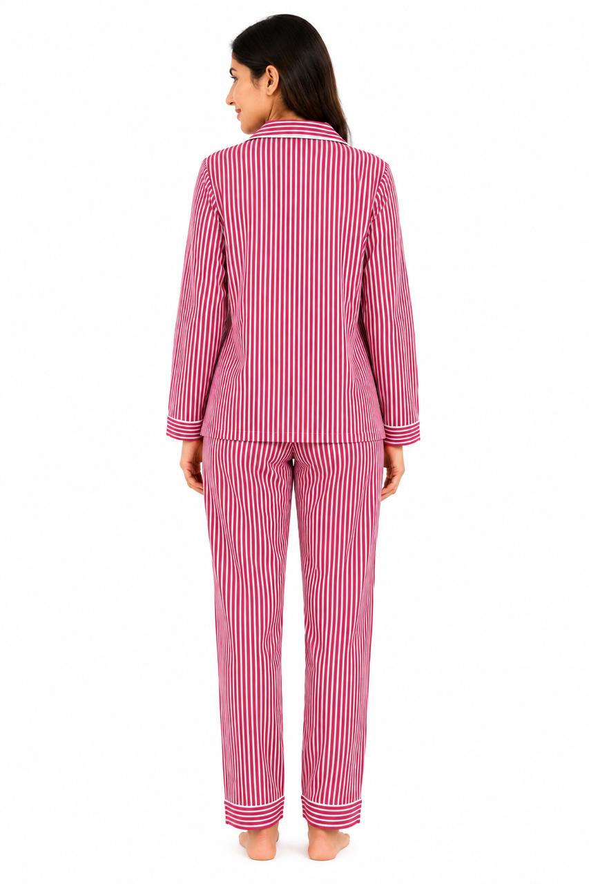 CLLING Women's Pure Cotton Full Sleeve Nightwear Set - Magenta & White Striped Pyjama Co-ord