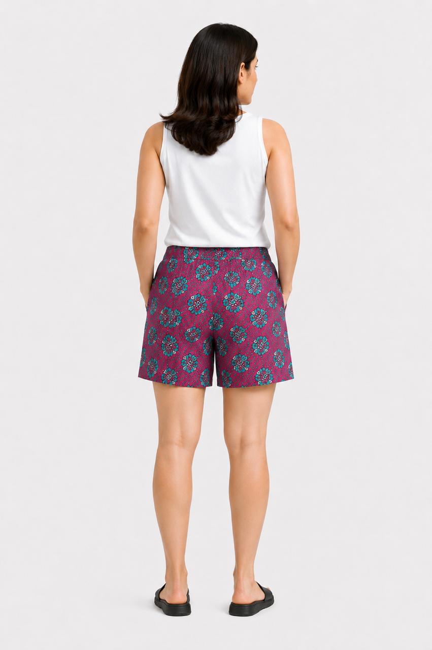 CLLING Women's Pure Cotton Ethnic Floral Printed Boxer Shorts with Pockets - Magenta