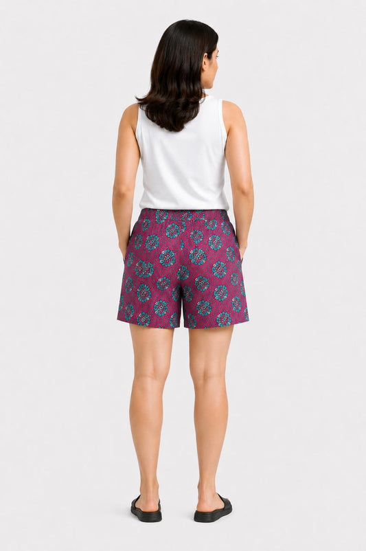 CLLING Women's Pure Cotton Ethnic Floral Printed Boxer Shorts with Pockets - Magenta