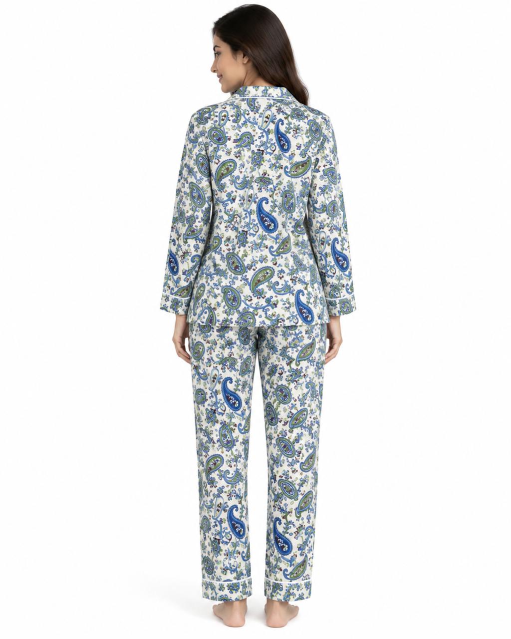 CLLING Women's Pure Cotton Full Sleeve Nightwear Set - Blue & Green Paisley Print Pyjama Co-ord