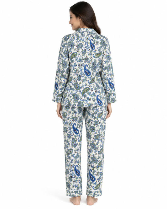 CLLING Women's Pure Cotton Full Sleeve Nightwear Set - Blue & Green Paisley Print Pyjama Co-ord
