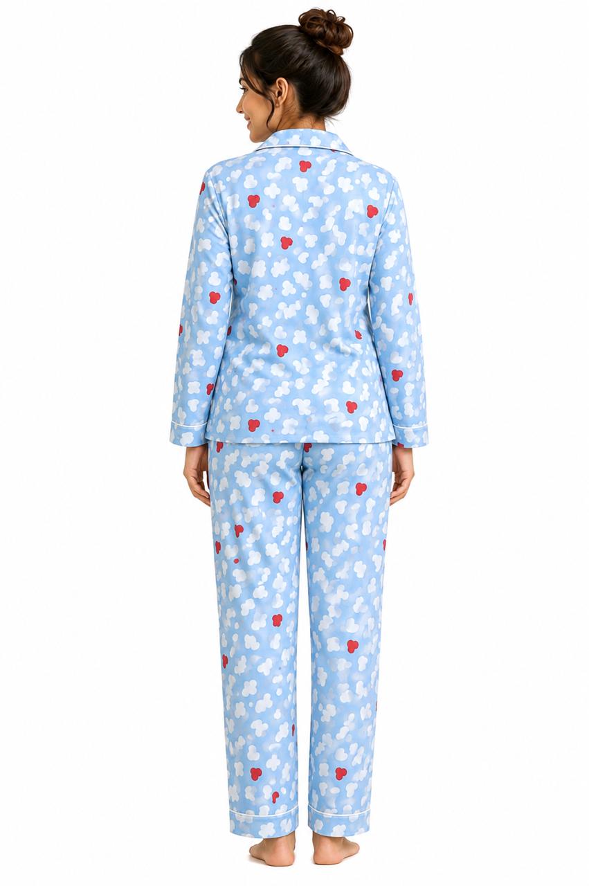 CLLING Women's Pure Cotton Full Sleeve Nightwear Set - Sky Blue Cloud & Heart Print Pyjama Co-ord