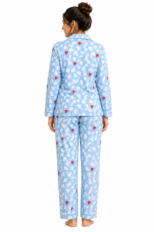 CLLING Women's Pure Cotton Full Sleeve Nightwear Set - Sky Blue Cloud & Heart Print Pyjama Co-ord