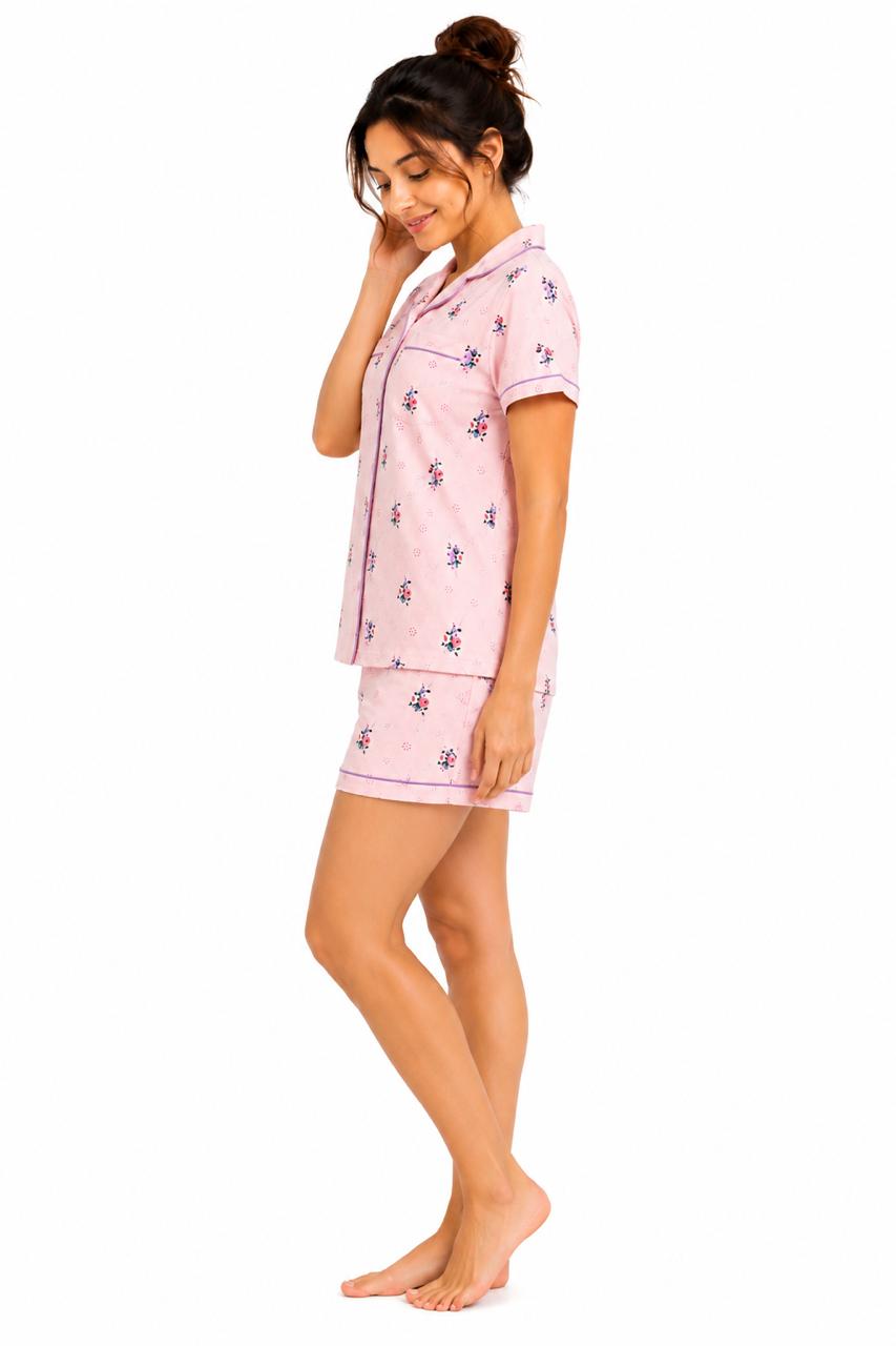 CLLING Women's Pure Cotton Floral Nightwear Set - Pastel Pink Shirt with Shorts Co-ord