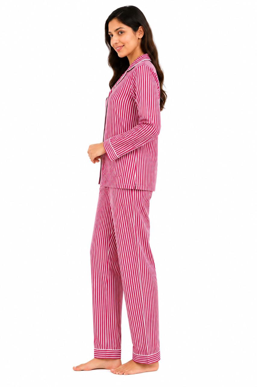 CLLING Women's Pure Cotton Full Sleeve Nightwear Set - Magenta & White Striped Pyjama Co-ord