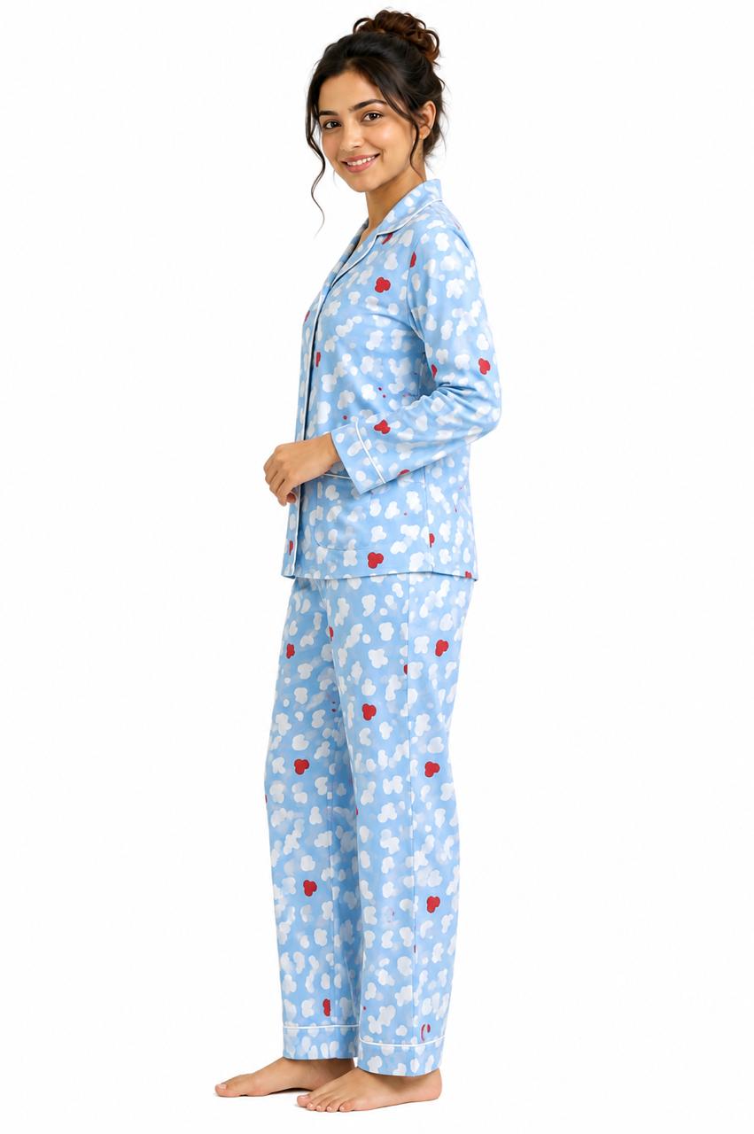 CLLING Women's Pure Cotton Full Sleeve Nightwear Set - Sky Blue Cloud & Heart Print Pyjama Co-ord