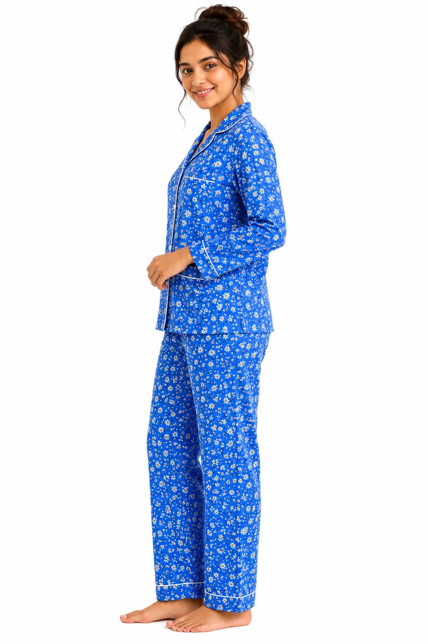 CLLING Women's Pure Cotton Full Sleeve Nightwear Set - Royal Blue Floral Pyjama Co-ord
