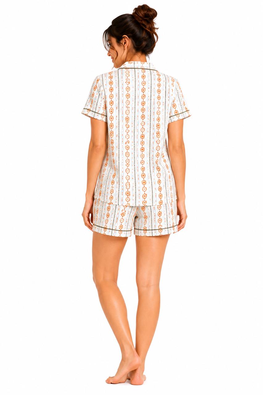 CLLING Women's Pure Cotton Geometric Print Nightwear Set - Cream & Orange Shirt with Shorts Co-ord