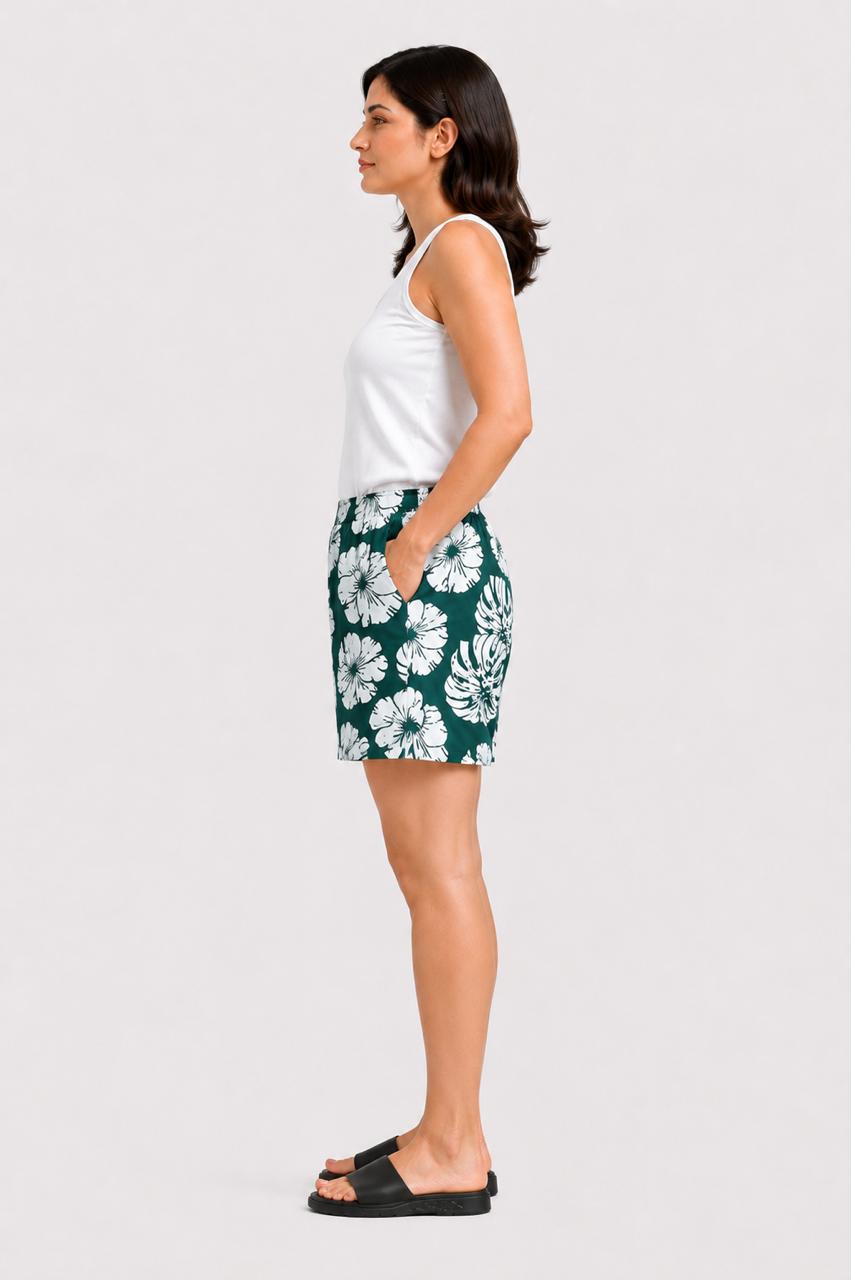 CLLING Women's Pure Cotton Tropical Floral Printed Boxer Shorts with Pockets - Dark Green