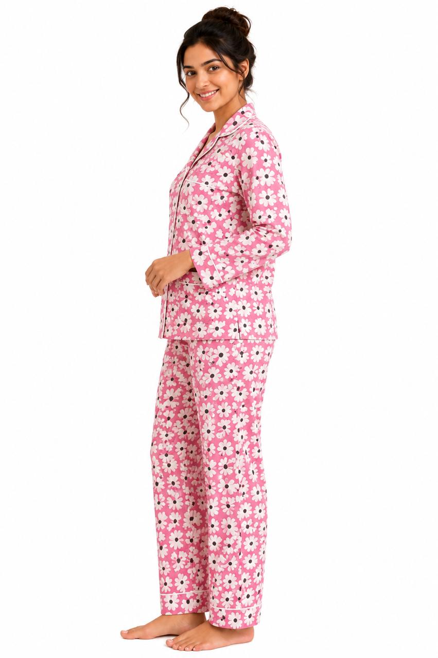 CLLING Women's Pure Cotton Full Sleeve Nightwear Set - Pink & White Floral Daisy Pyjama Co-ord