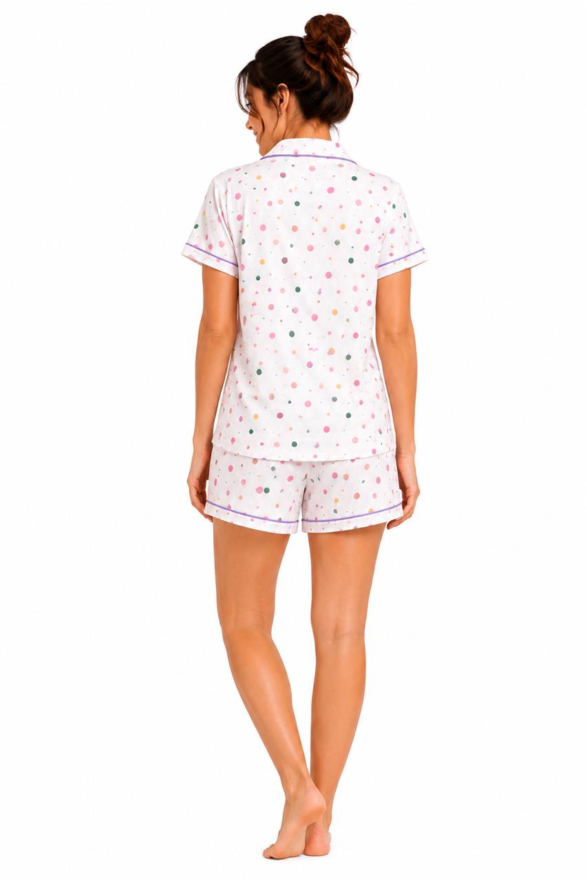 CLLING Women's Pure Cotton Polka Dot Nightwear Set - White & Multicolor Shirt with Shorts Co-ord