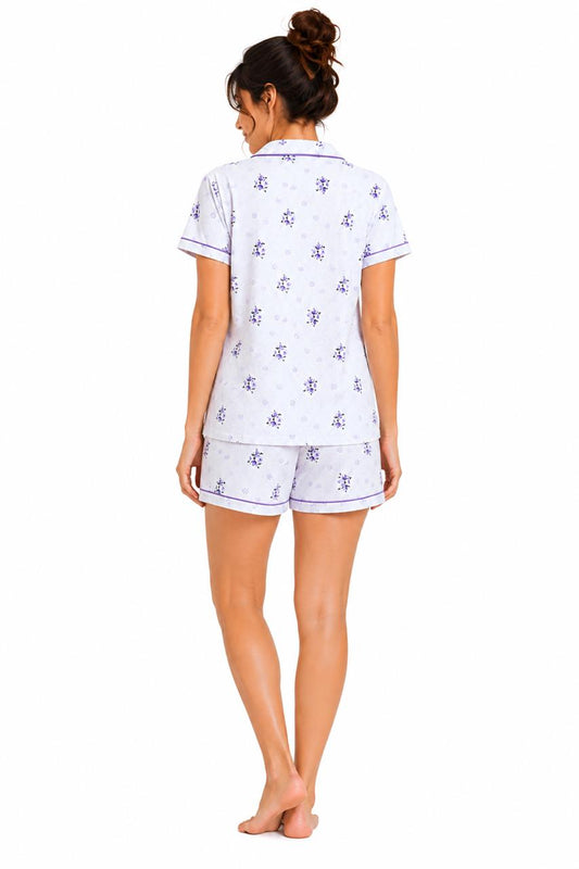 CLLING Women's Pure Cotton Floral Nightwear Set - Lavender & Purple Shirt with Shorts Co-ord