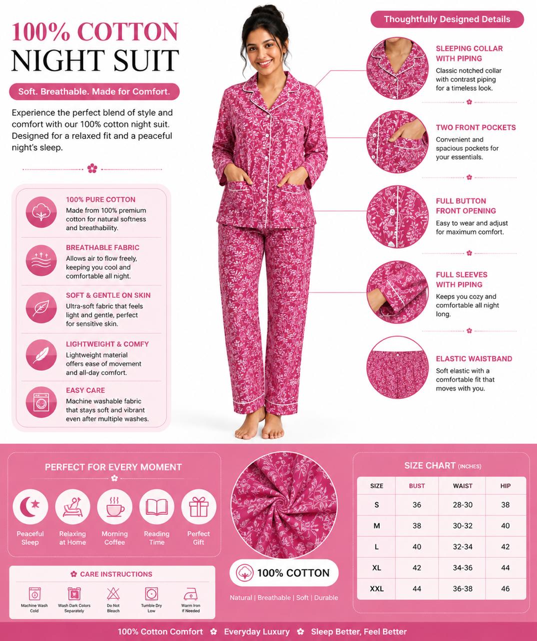 CLLING Women's Pure Cotton Full Sleeve Nightwear Set - Magenta Botanical Floral Pyjama Co-ord