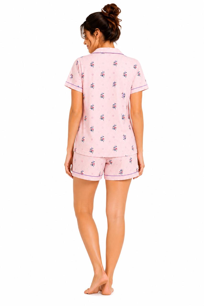 CLLING Women's Pure Cotton Floral Nightwear Set - Pastel Pink Shirt with Shorts Co-ord