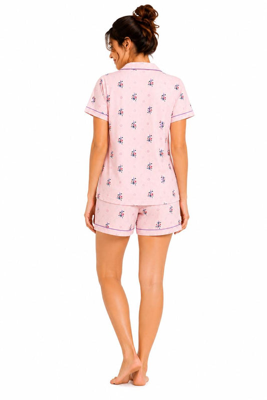 CLLING Women's Pure Cotton Floral Nightwear Set - Pastel Pink Shirt with Shorts Co-ord