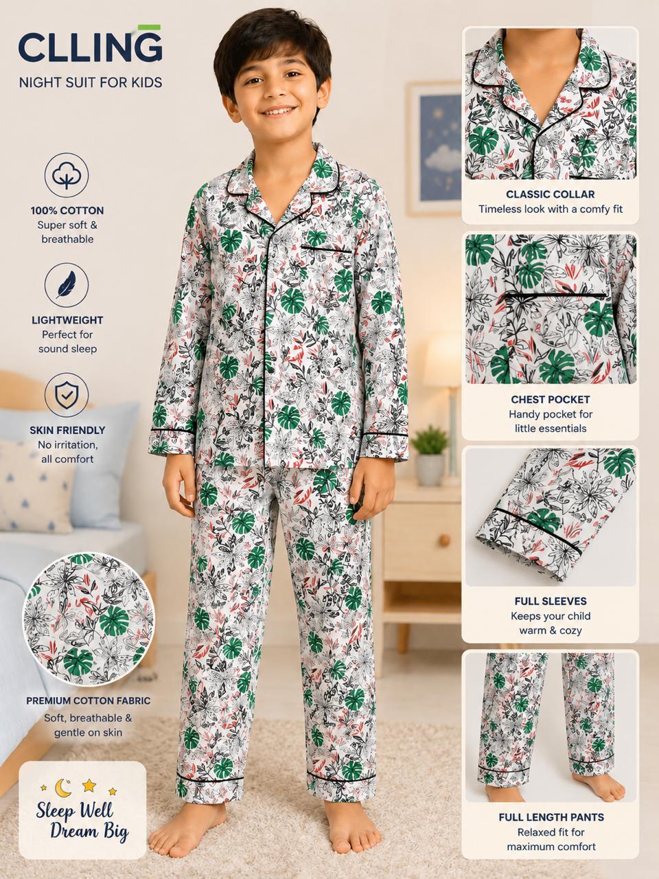 Boys and Girls Tropical Leaf Print Cotton Nightsuit Set - Super Soft & Comfy