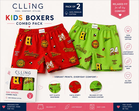 CLLING Boys Pure Cotton Printed Boxer Shorts (Pack of 2) - Red & Green Sports Campus