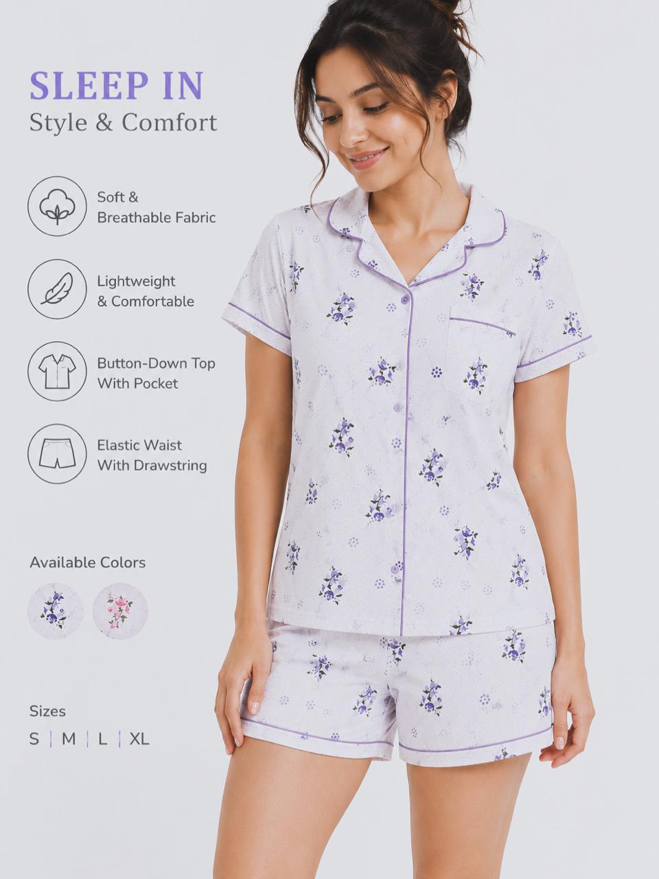CLLING Women's Pure Cotton Floral Nightwear Set - Lavender & Purple Shirt with Shorts Co-ord